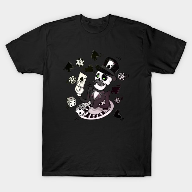 Skeleton Casino Blackjack Dealing Poker Playing Skull T-Shirt by Trendy Black Sheep